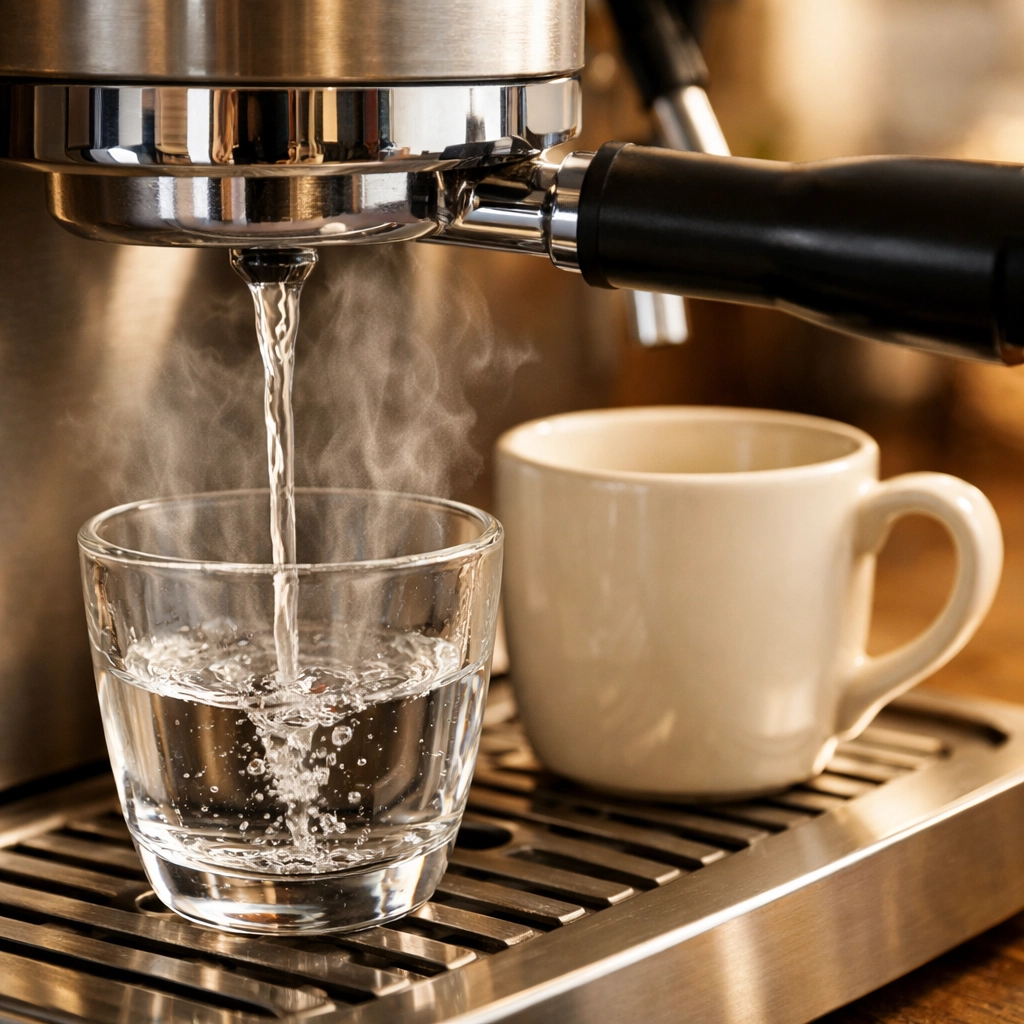 Flushing hot water from an espresso machine group head to preheat the equipment before brewing.