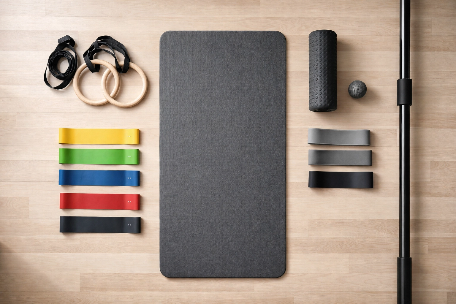 Flat lay of versatile no-damage home gym equipment for full body resistance training