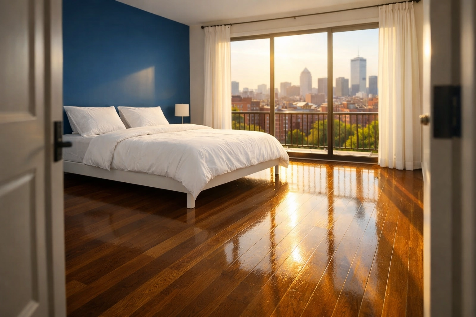 Spotless Boston bedroom with city views after a professional move-in cleaning service.