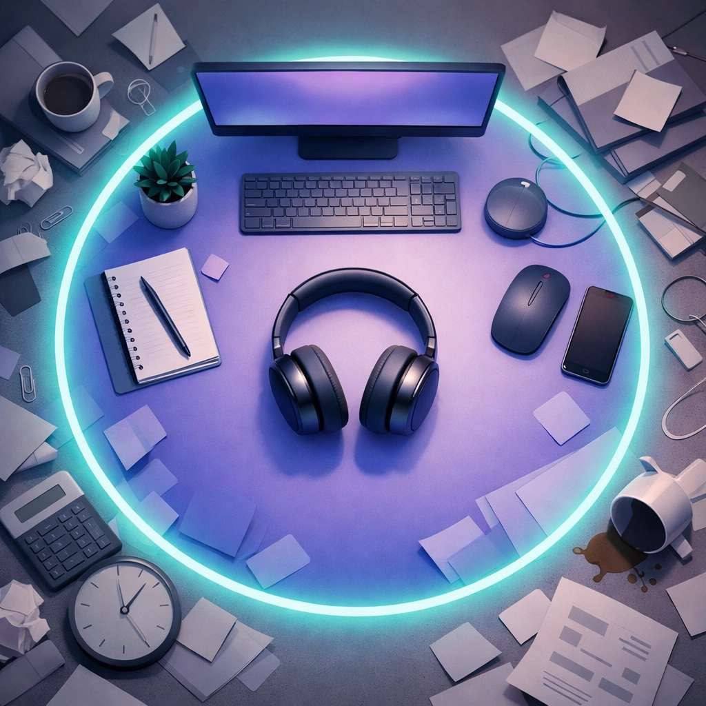 Modern workstation with headphones shielded by light, representing ADHD accommodations for deep focus.