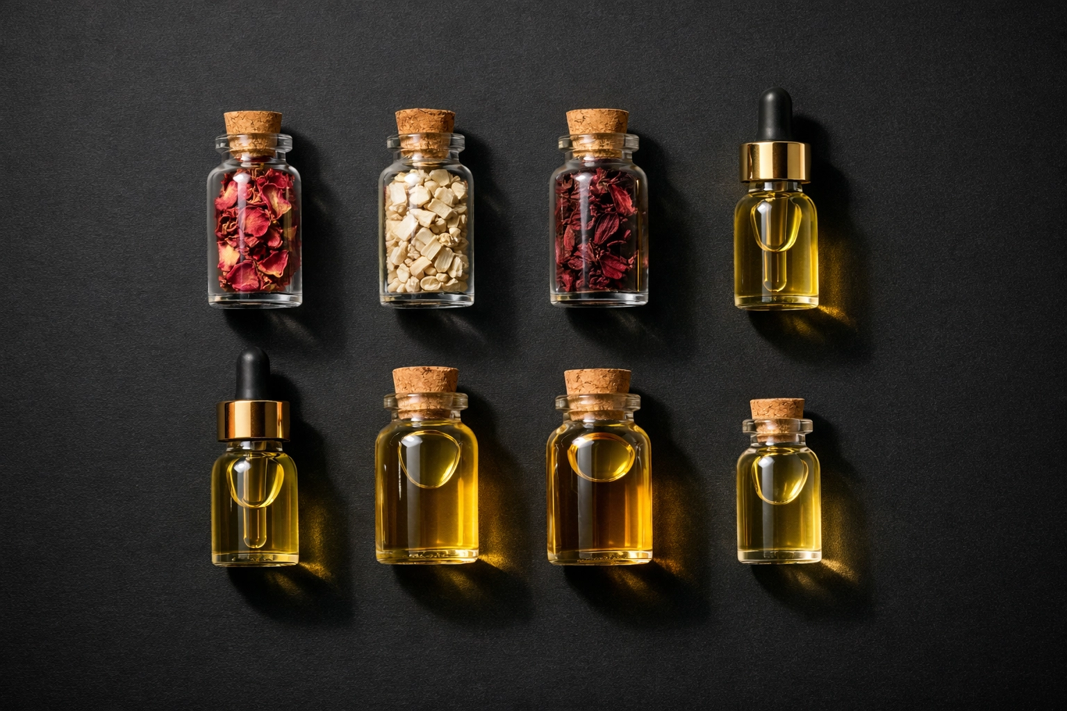 Natural skincare ingredients in glass bottles including rose petals, willow bark, and hibiscus for clean beauty