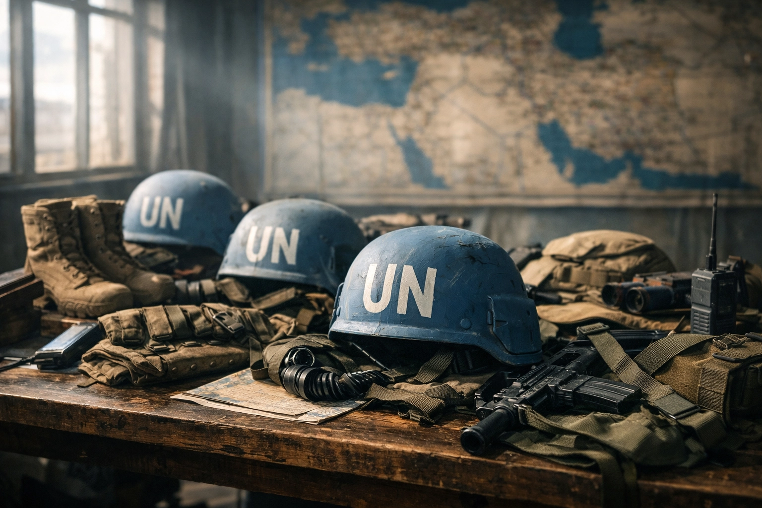UN peacekeeping helmets and military gear with Middle East map representing Gaza peacekeeping efforts