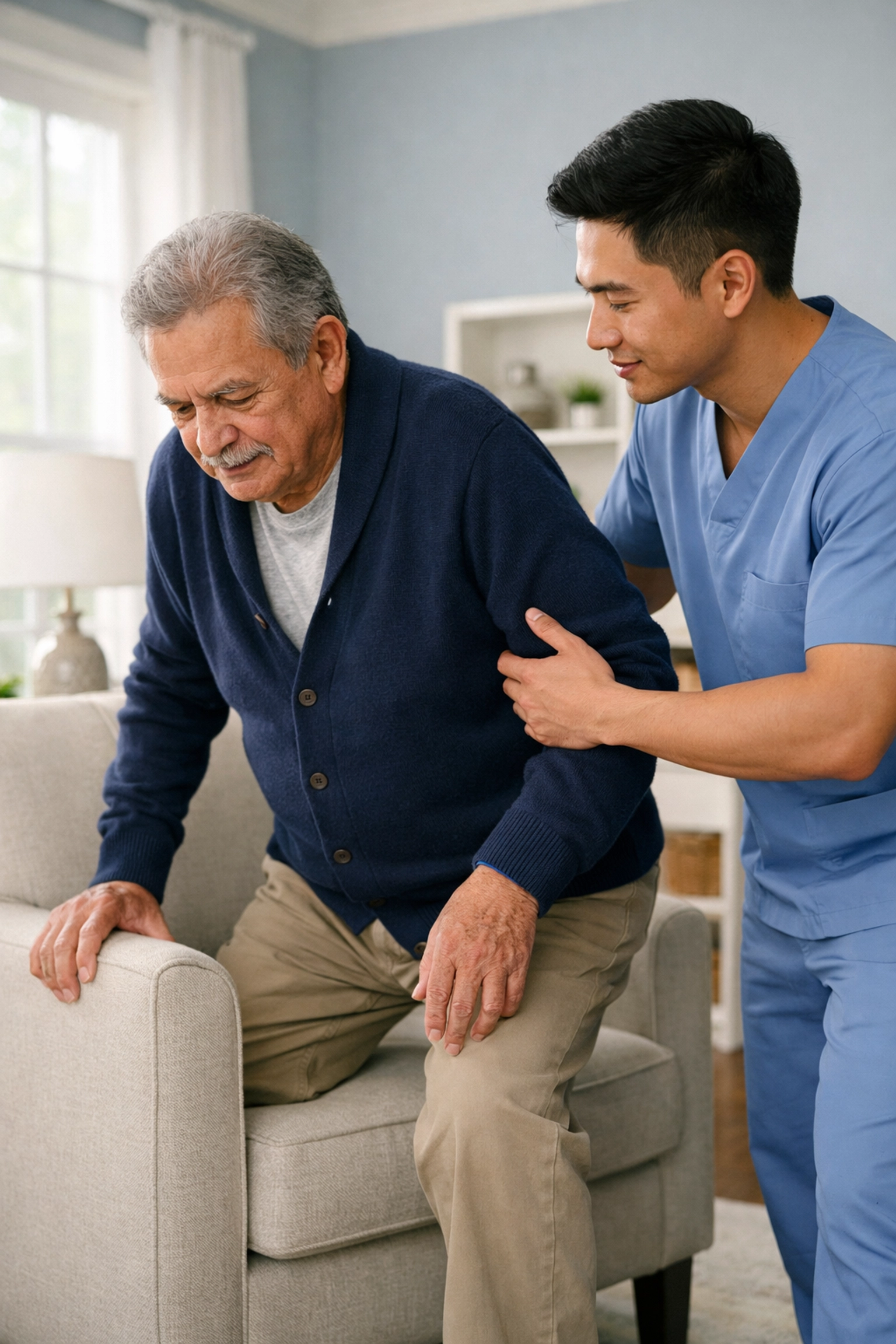 Caregiver assisting senior with safe mobility to prevent falls during recovery