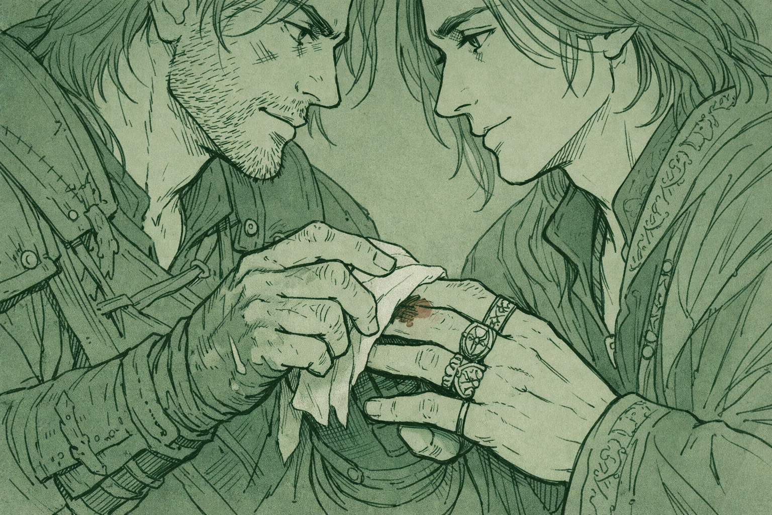 Tender moment between witcher and sorcerer after battle in MM paranormal romance story