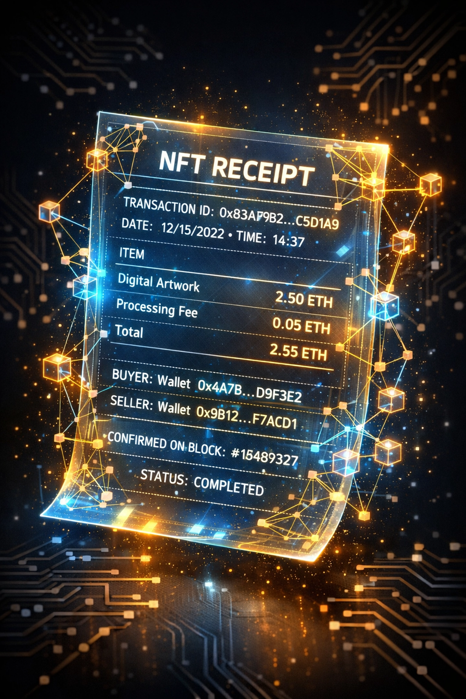 NFT receipt on blockchain showing immutable transaction record with permanent data nodes