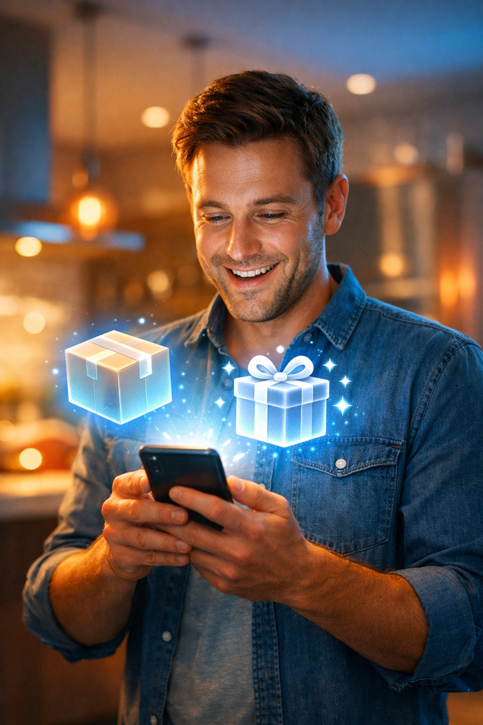 Happy customer receiving proactive support notifications via AI customer service technology.