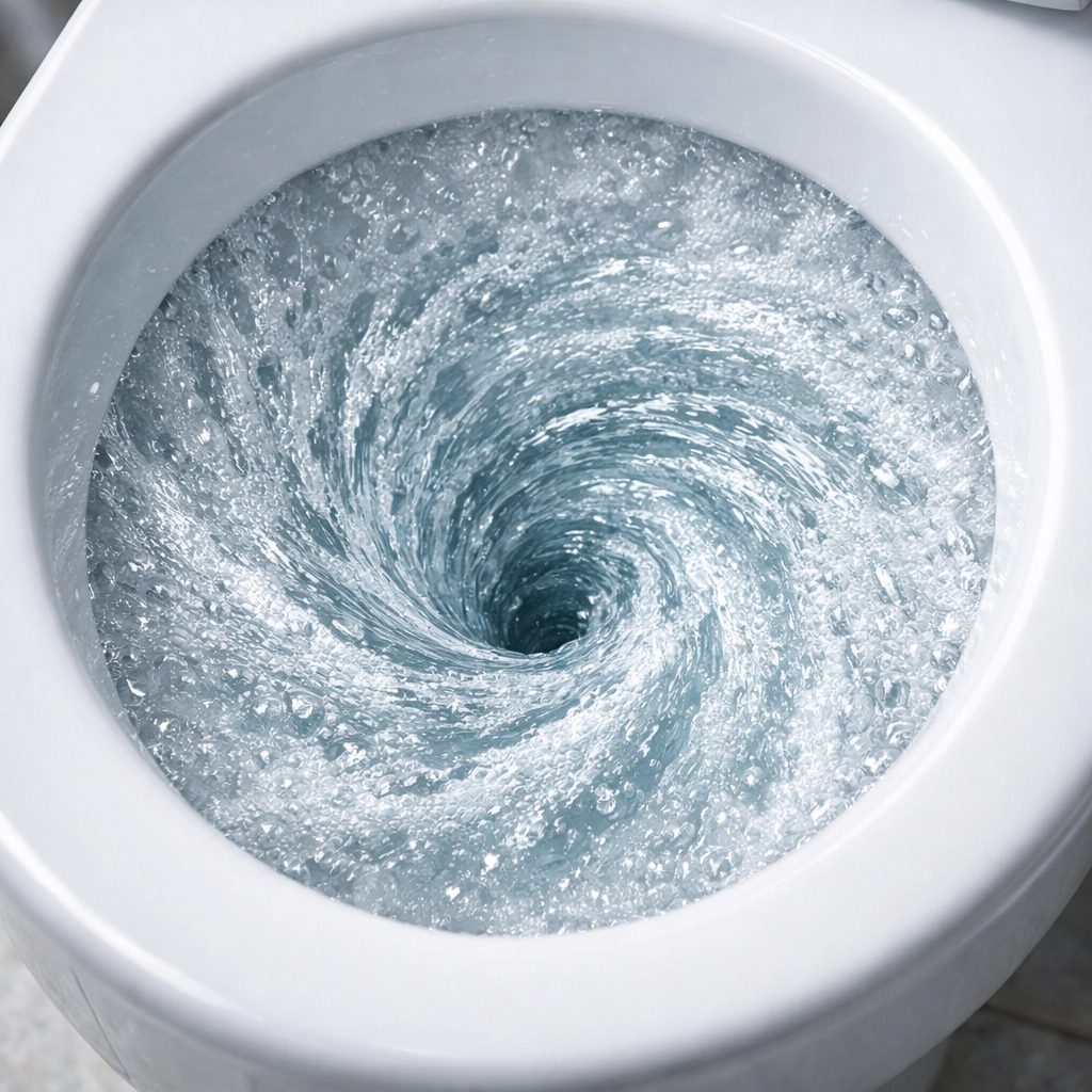 A powerful water vortex in a high-efficiency toilet bowl illustrating superior flushing performance.
