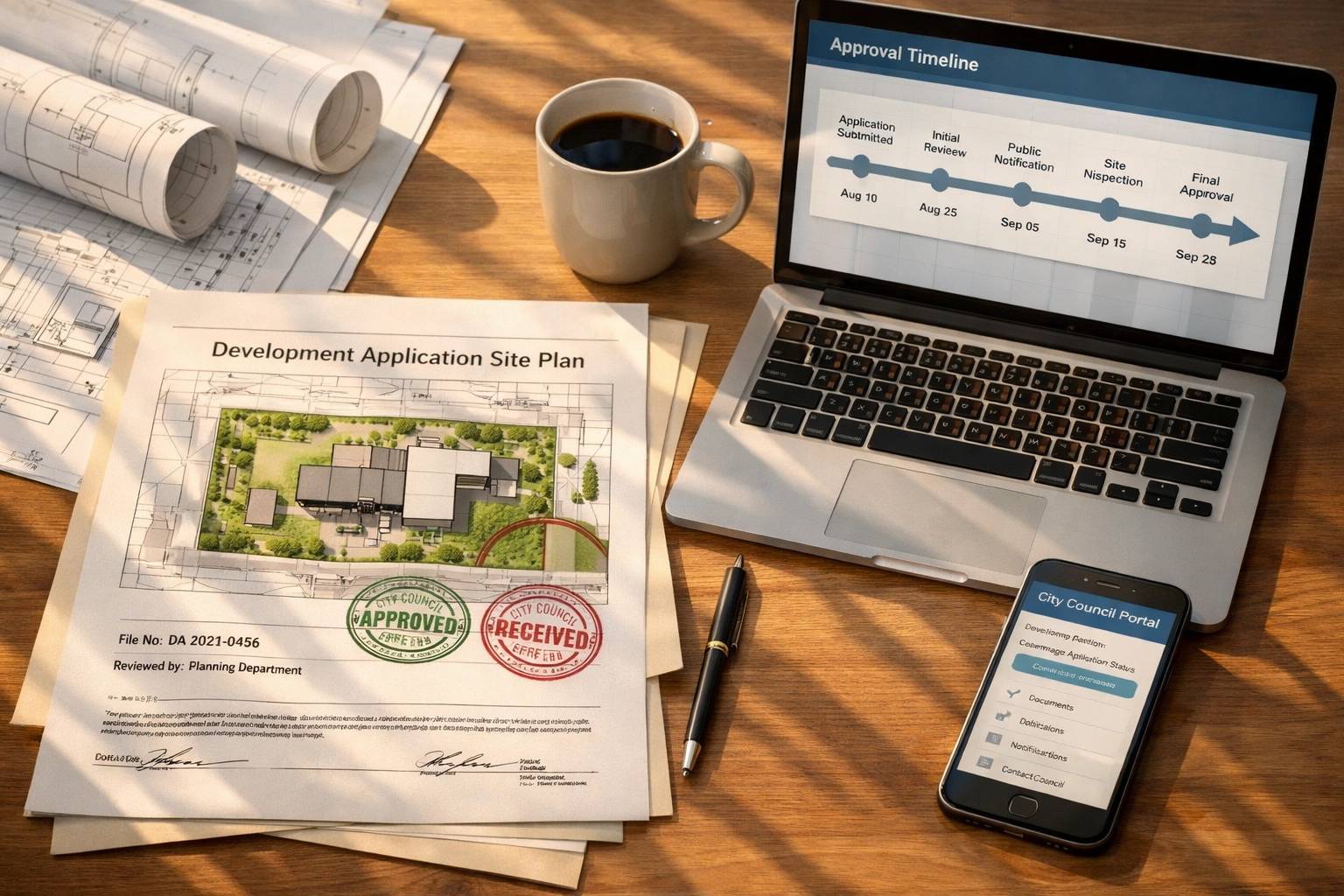 Modular home approval documents and blueprints on desk with council permits and timeline planning
