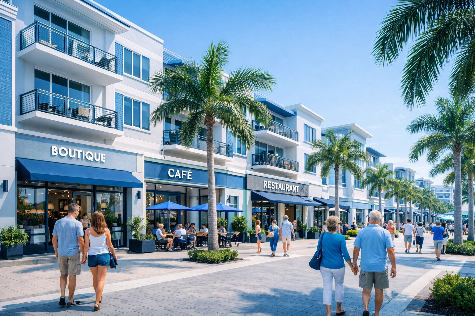 Modern mixed-use development in Southwest Florida with retail shops and residential units