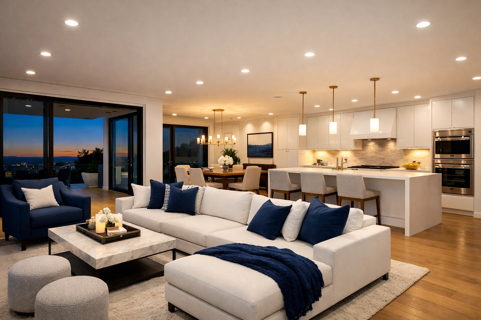 Clean designer pendant lights and recessed lighting illuminating a modern, spotless open-concept living space.