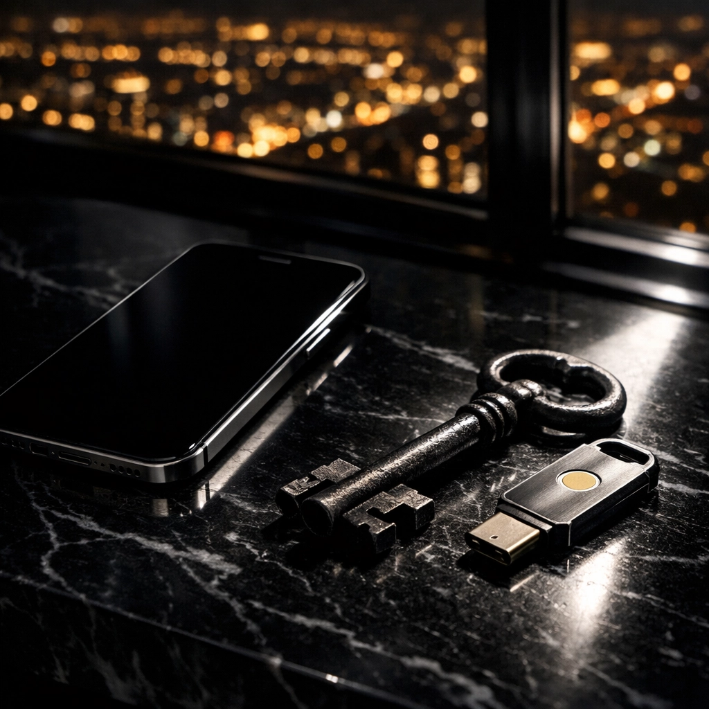 Hardware security keys and smartphone on a marble desk representing high-net-worth privacy and data protection.