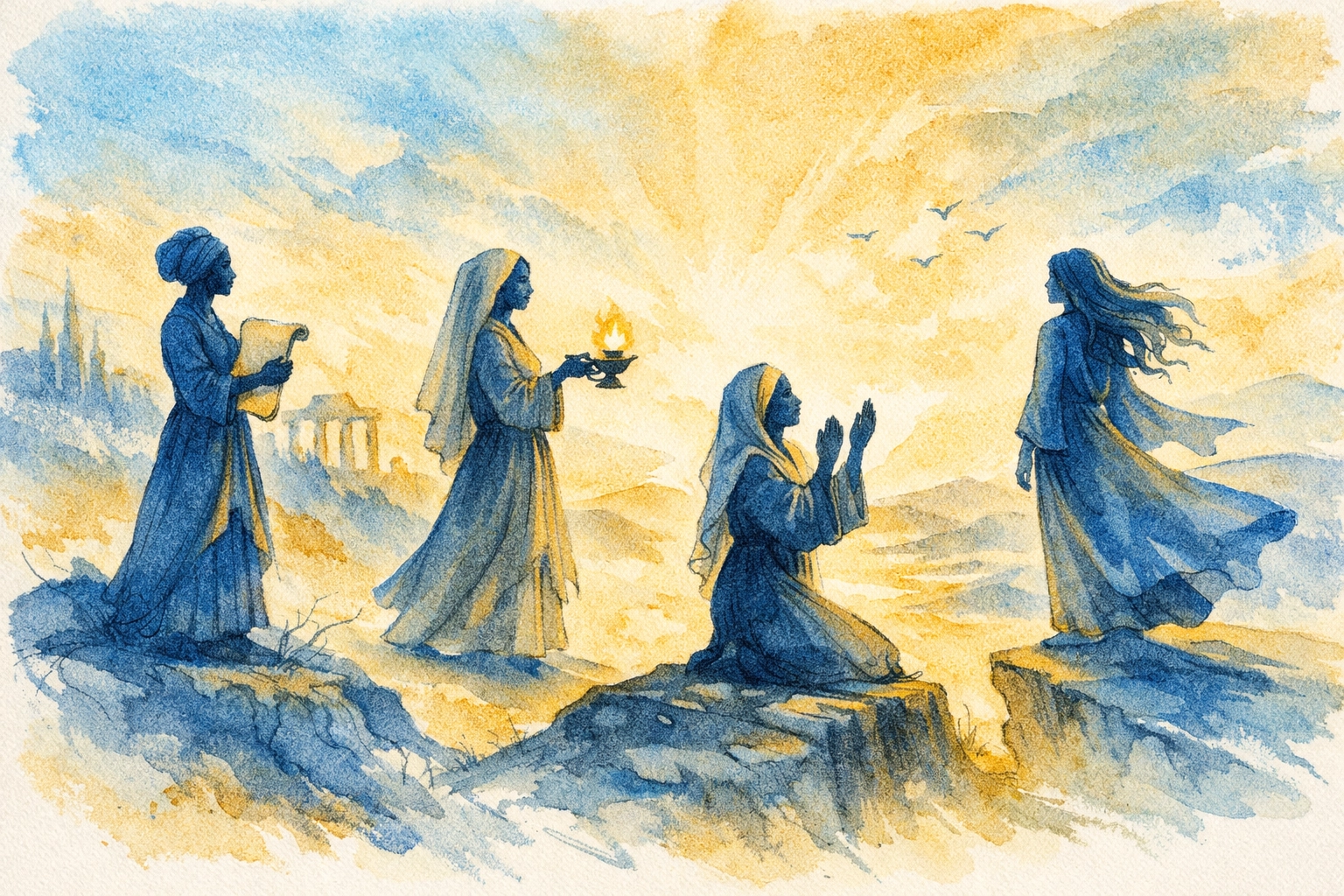 Four biblical women silhouettes holding symbolic items representing faith and spiritual leadership