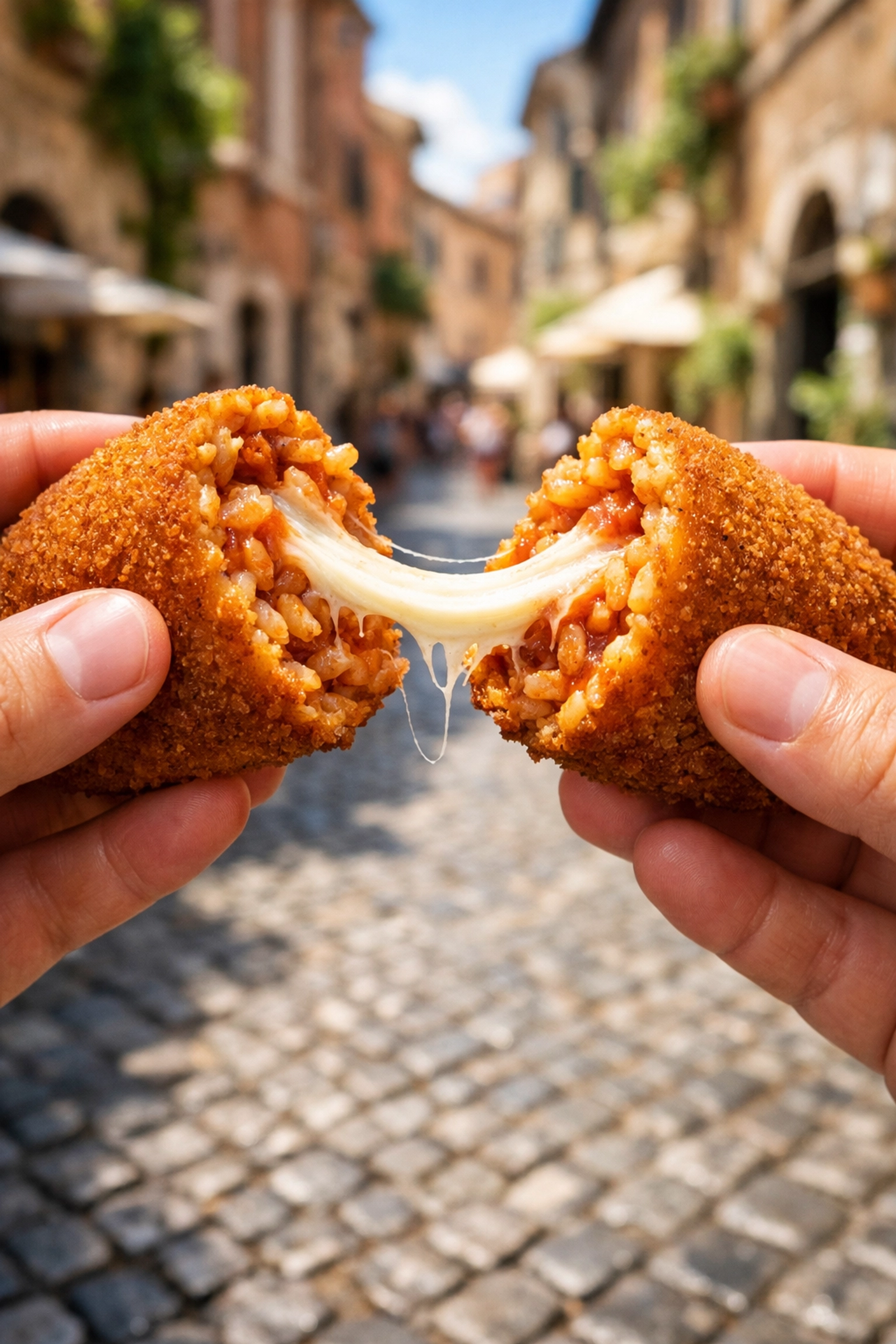 A cheesy Roman supplì pulled apart, showcasing one of the best cheap eats in Trastevere.