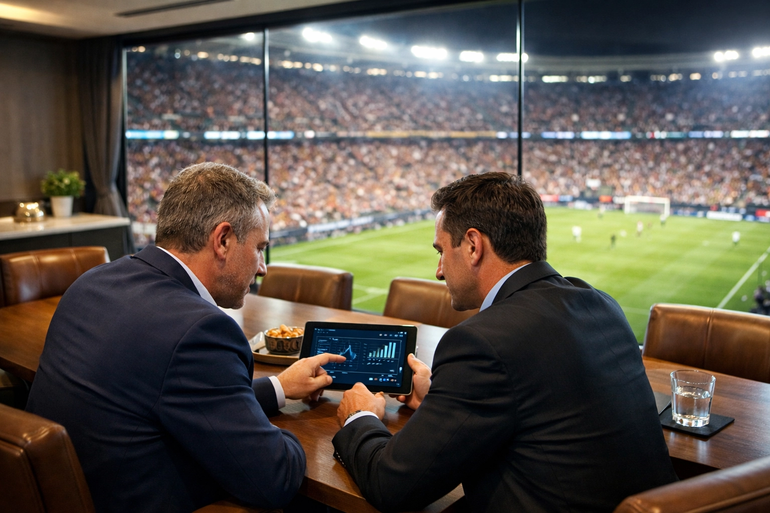 Business leaders in a luxury stadium suite analyzing Super Bowl branding and sales ROI.