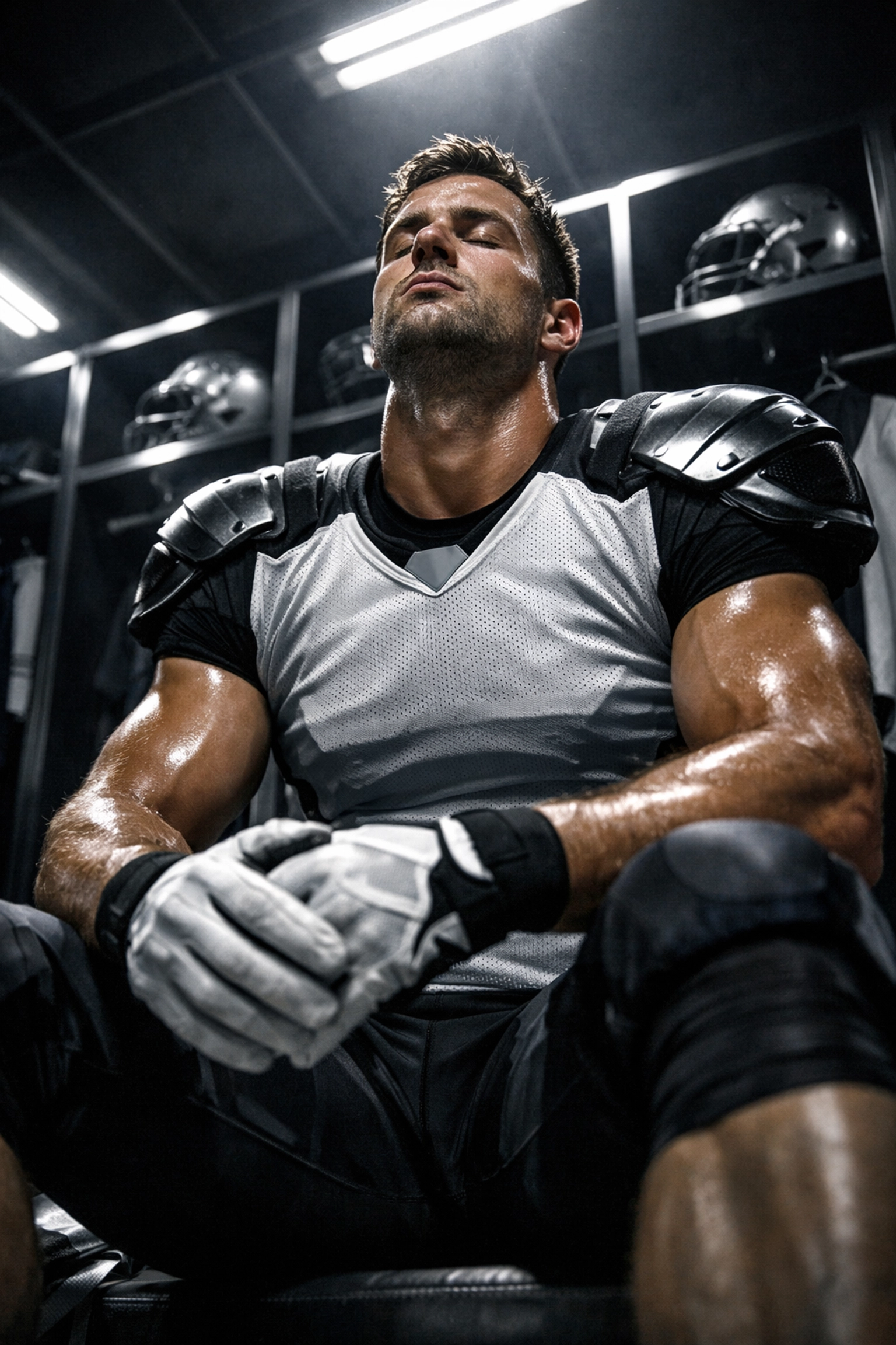 Professional football player performing deep breathing exercises in the locker room to manage pre-game anxiety and focus.