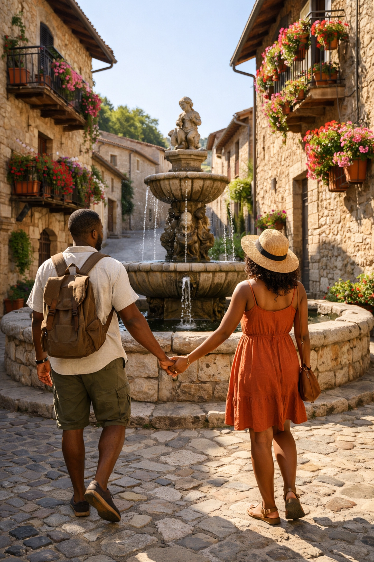 Couple exploring a European town on a custom itinerary built with a personal travel planner framework.