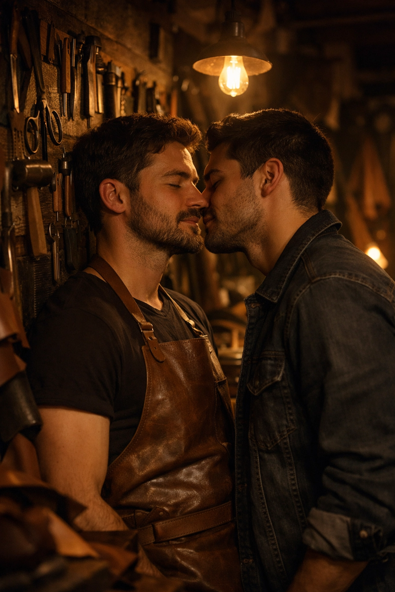 Intimate moment between gay couple in leather workshop León Mexico