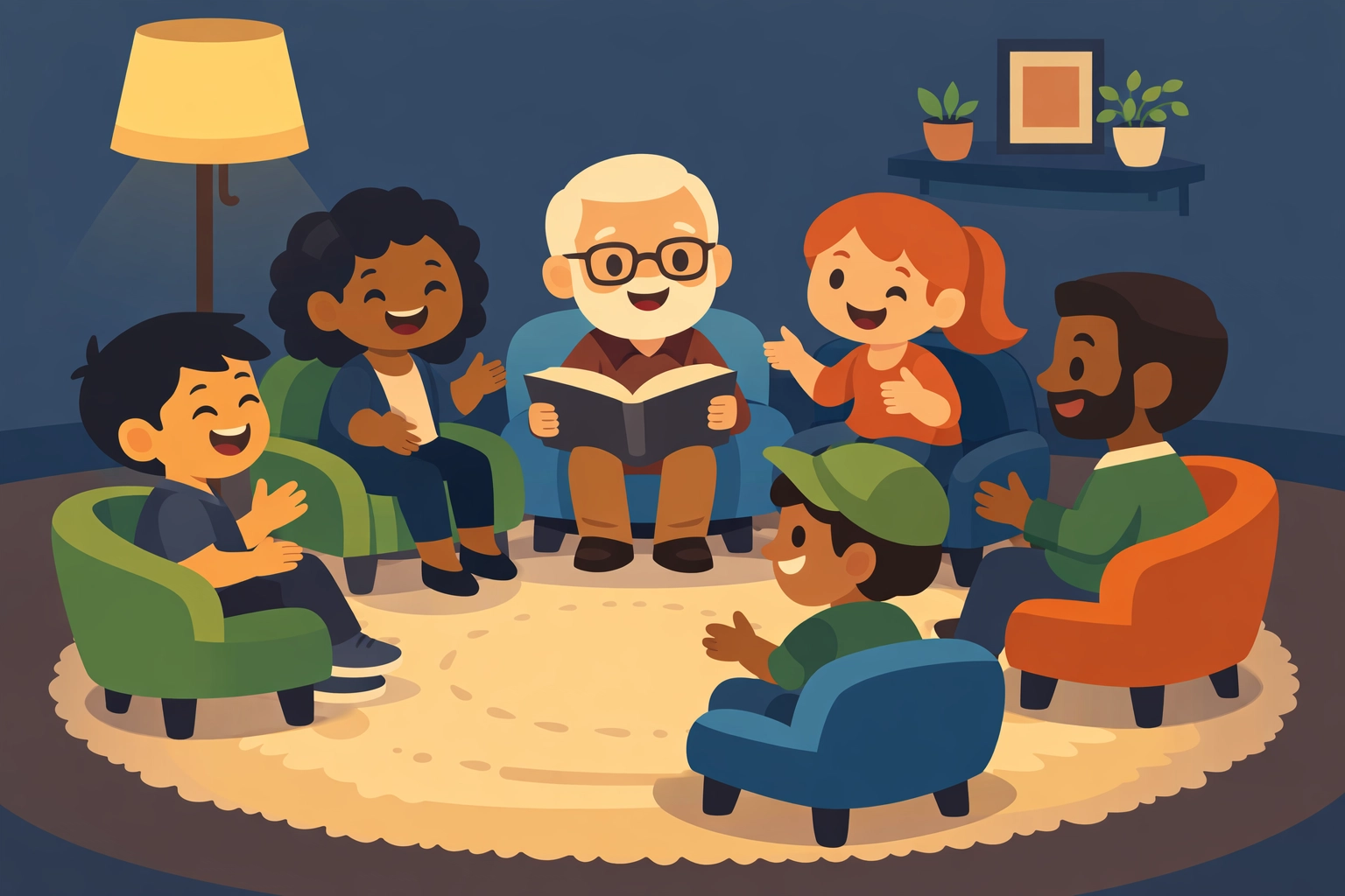 A diverse cartoon small group enjoying community and connection at Green River Alliance Church.