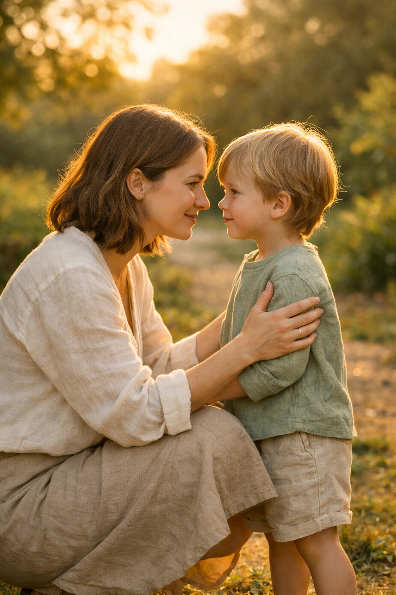 Madre conectando con su hijo a la altura de sus ojos - presencia en crianza consciente