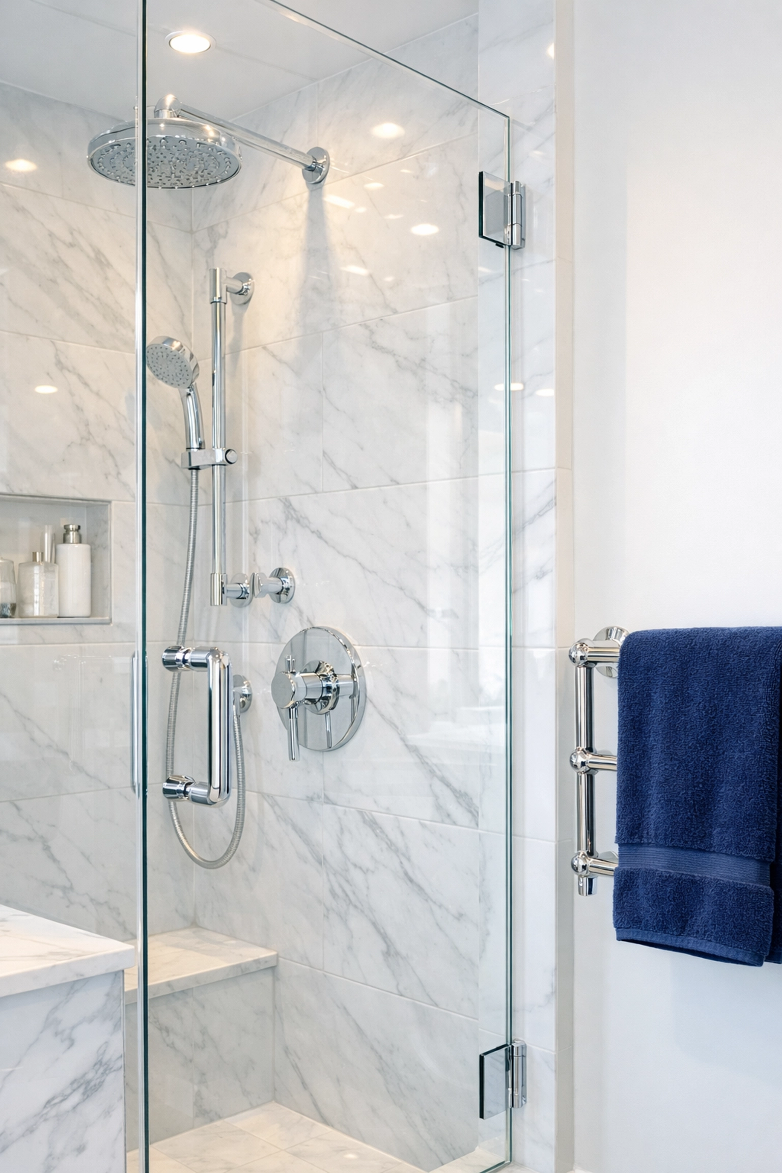 Deep cleaned luxury bathroom with sparkling tiles and glass after move-out cleaning in Worcester MA.