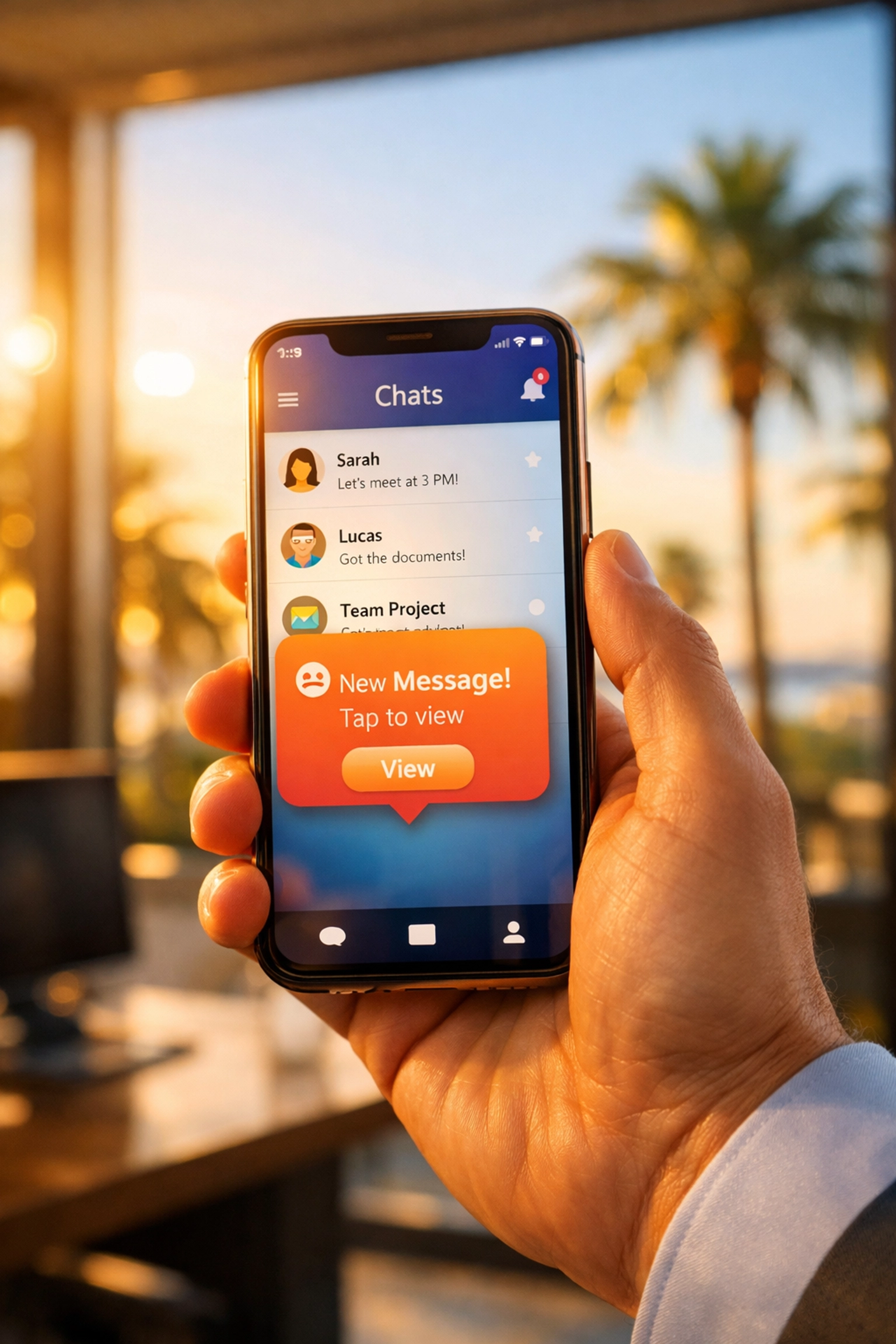 Local business owner in Sarasota using Google Business Profile messaging on a smartphone to chat with customers.