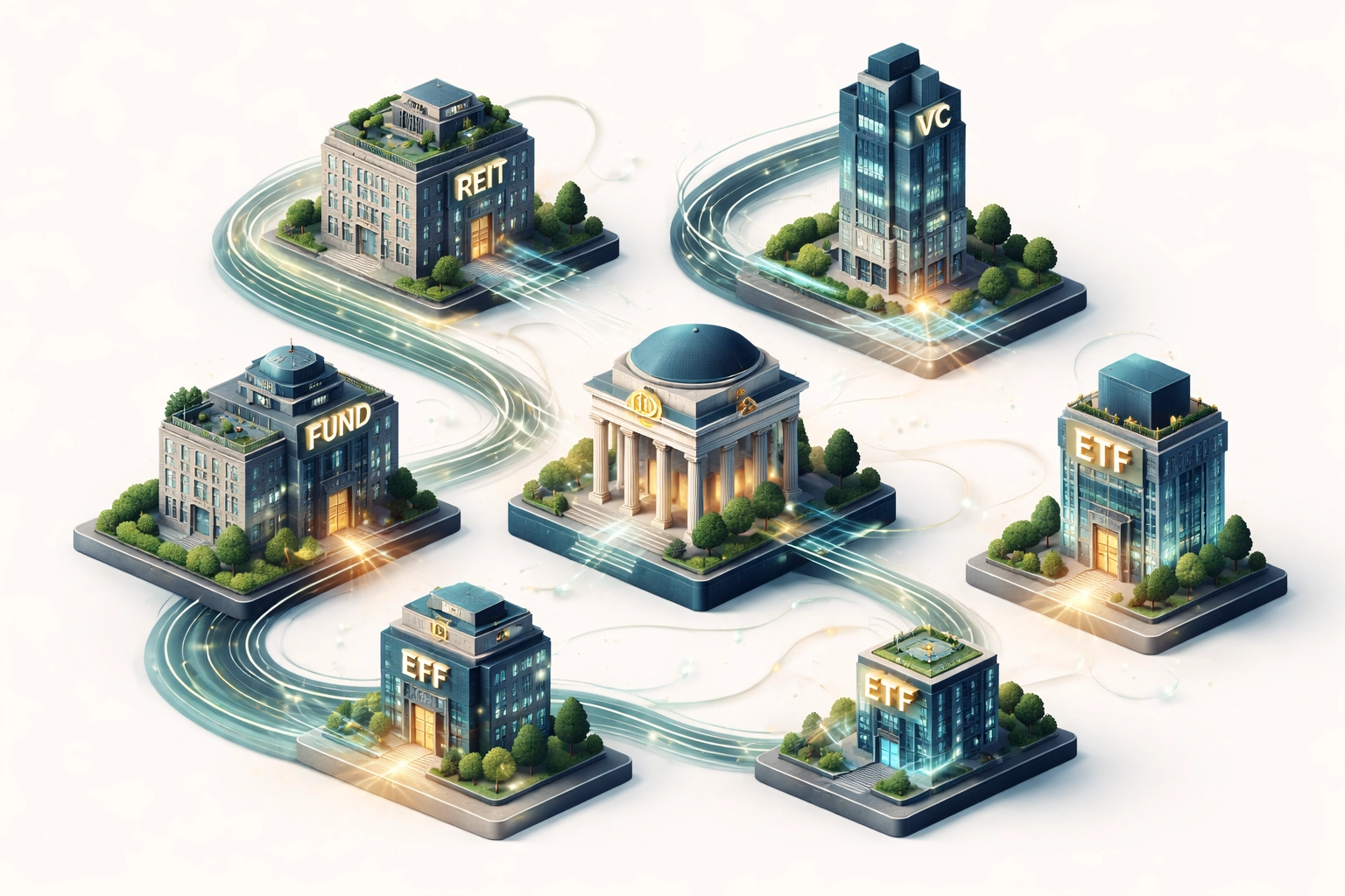 Modern financial ecosystem with interconnected fund structures symbolizing evolving liquidity options in private equity.