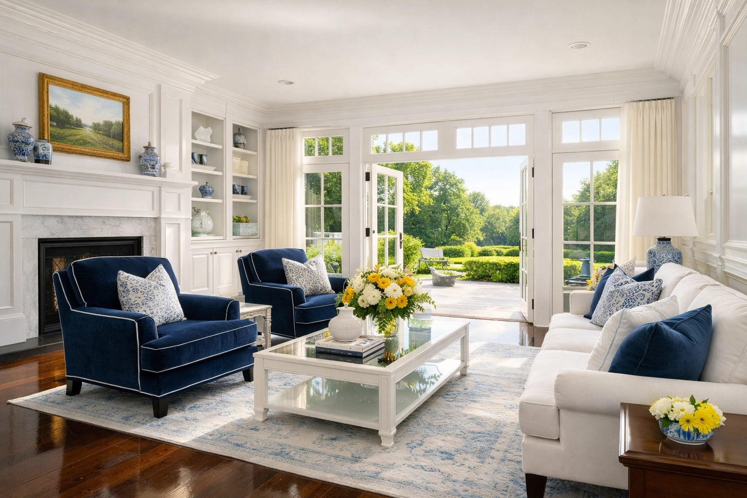Pristine Sherborn colonial living room with polished hardwood floors and clean windows after professional cleaning.