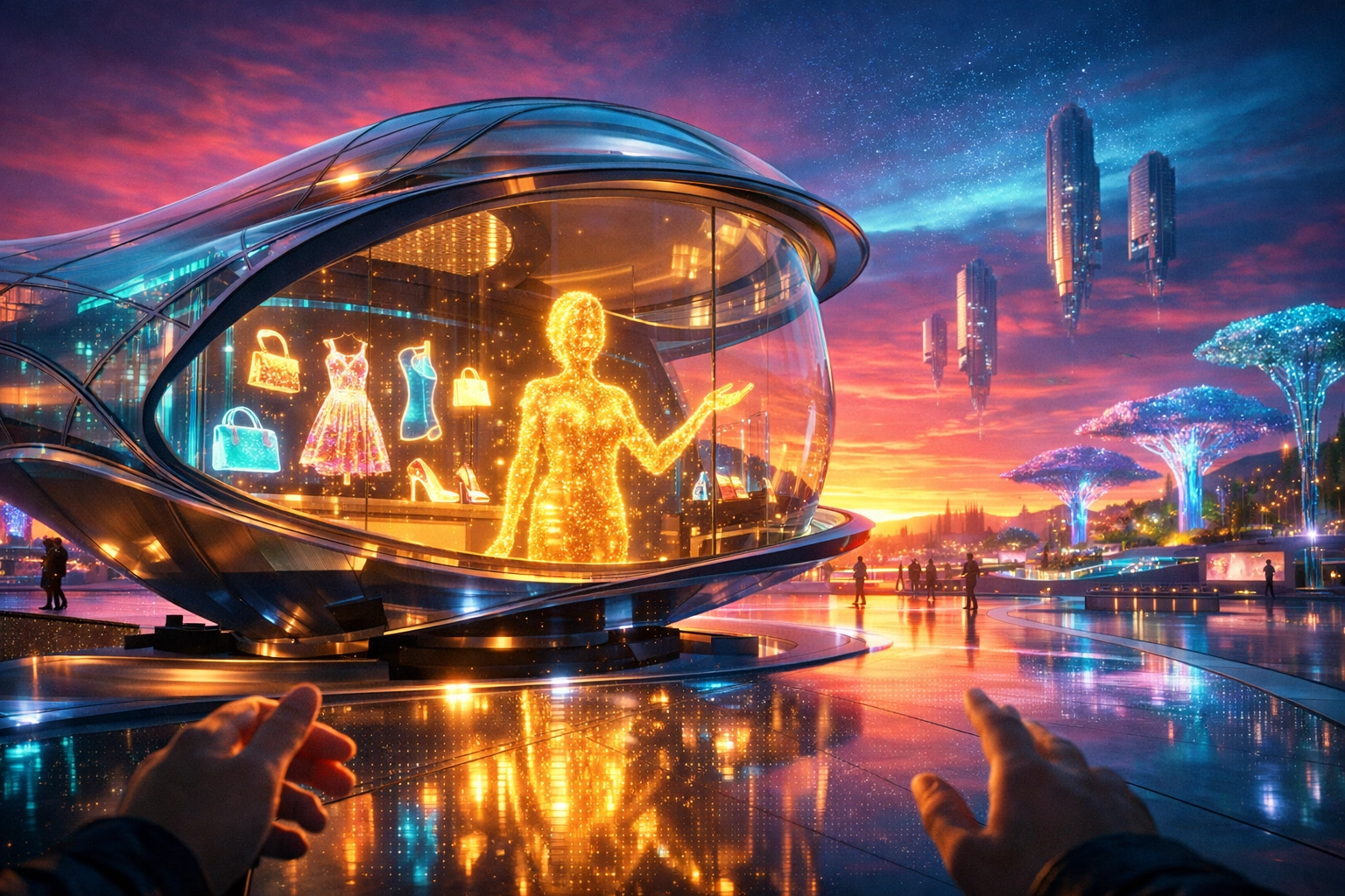 Virtual metaverse boutique with an AI assistant guiding a shopper through Web3 retail products.