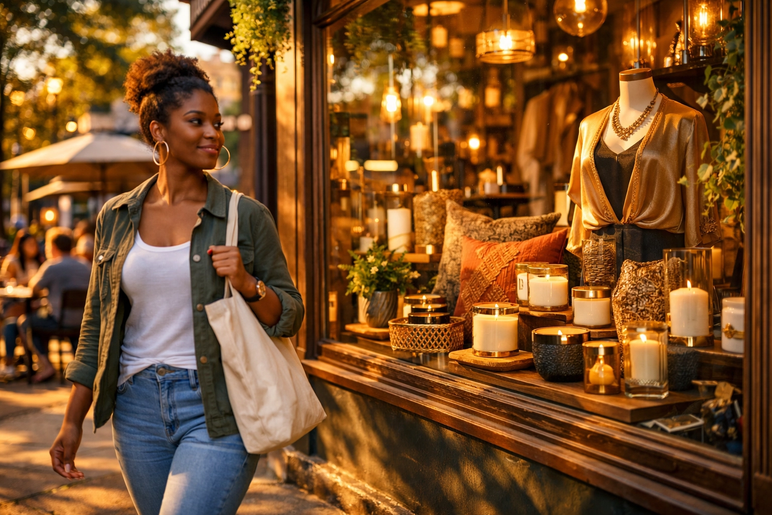 Black-owned boutique storefront with shopper supporting local Black business in vibrant neighborhood