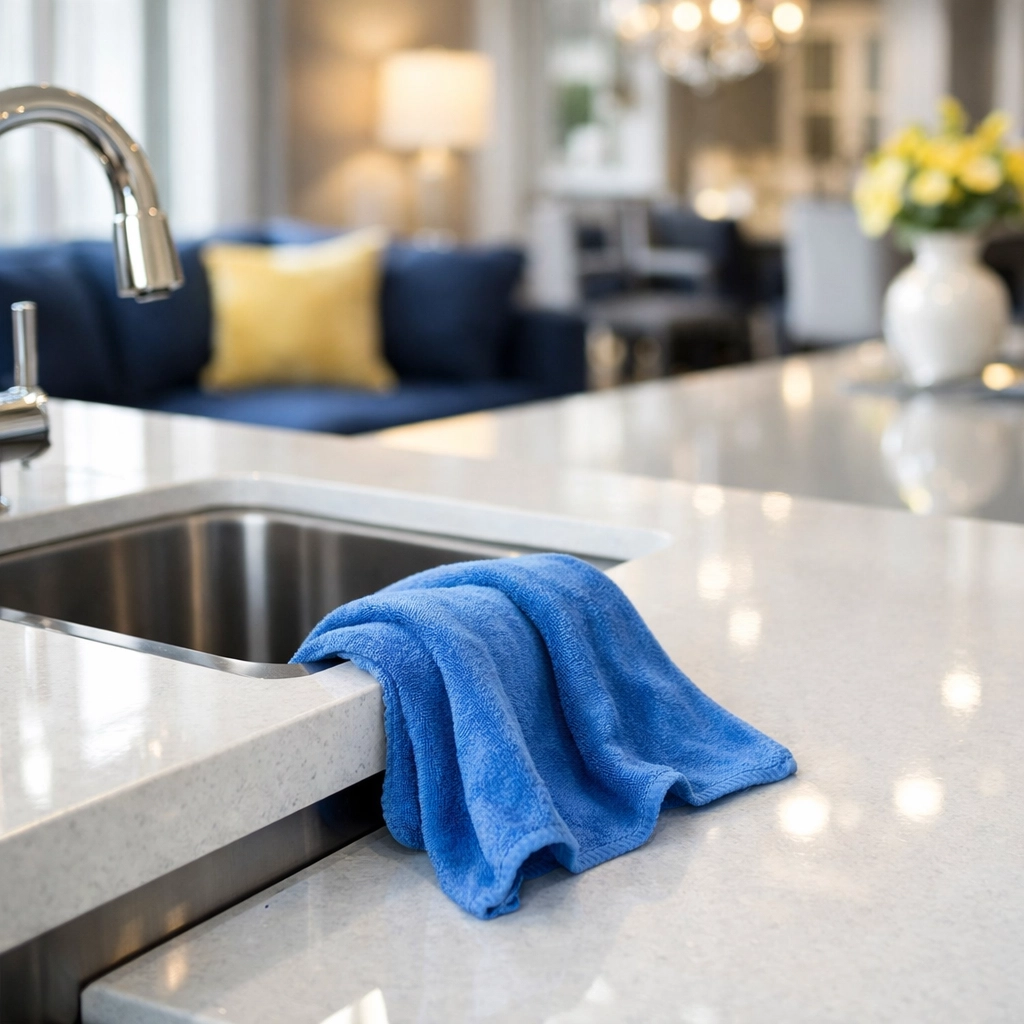 Streak-free shine on a kitchen island using a professional microfiber cleaning cloth.