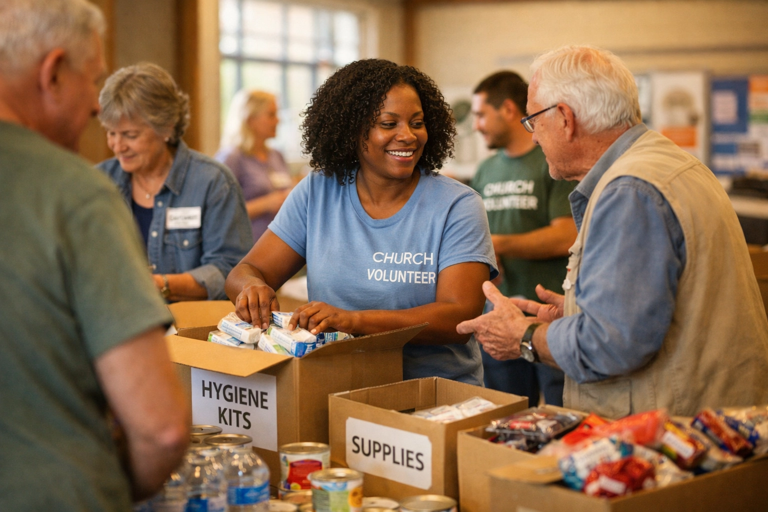 Church volunteers working together in a fellowship hall to organize an impactful community outreach event.