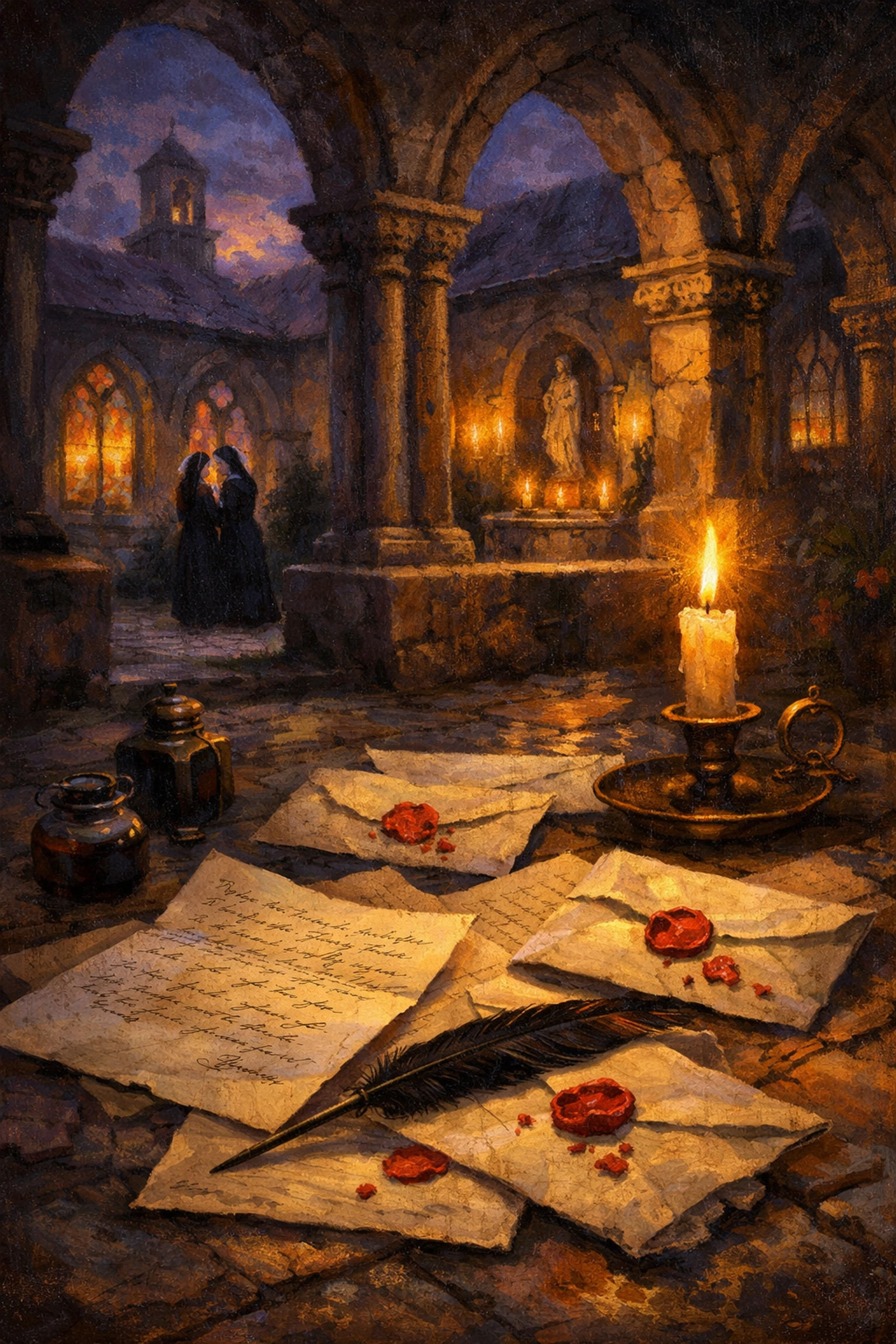 Secret letters in 18th-century French convent courtyard revealing hidden stories of forbidden love