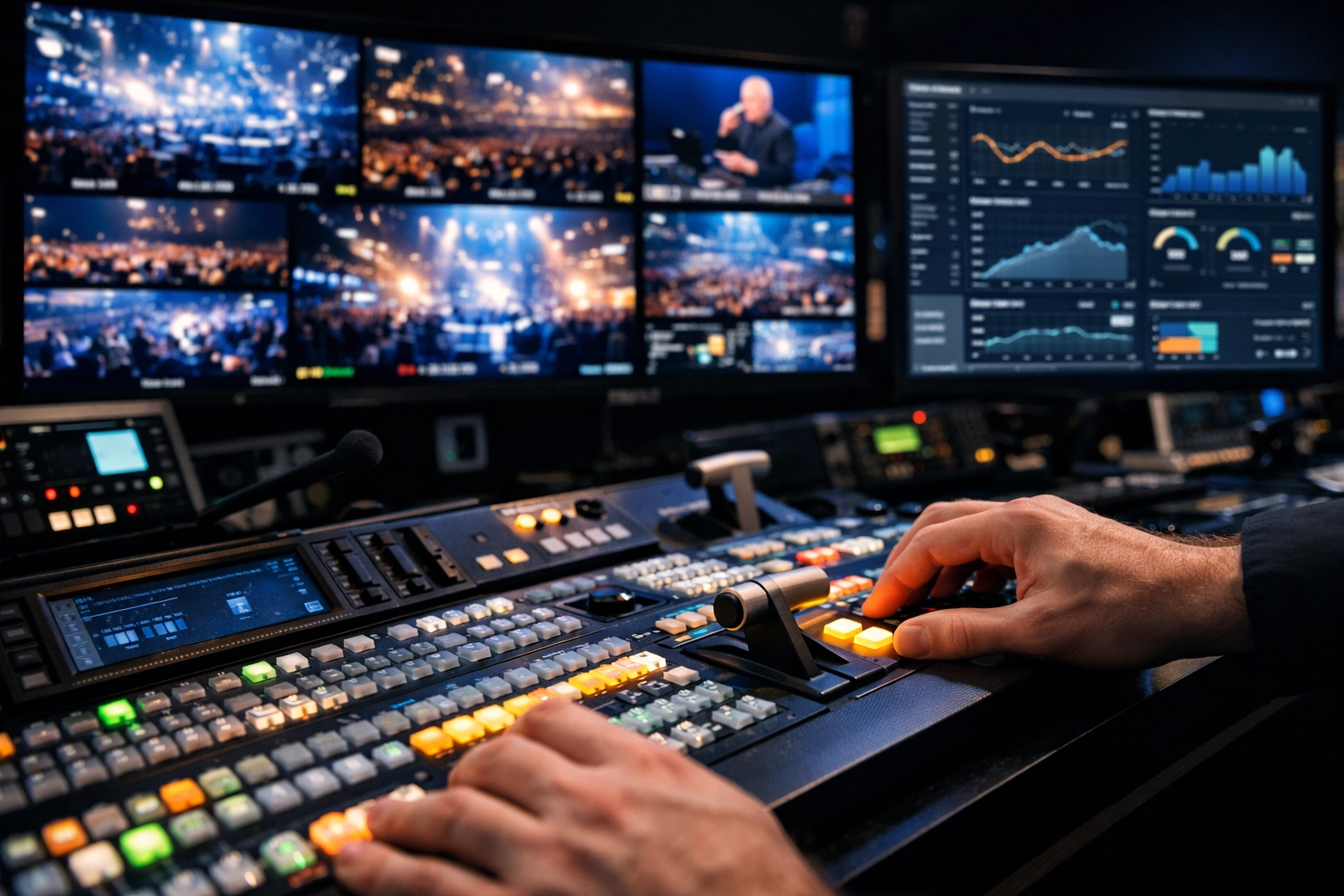 High-tech media production control room managing a live broadcast with real-time performance analytics.
