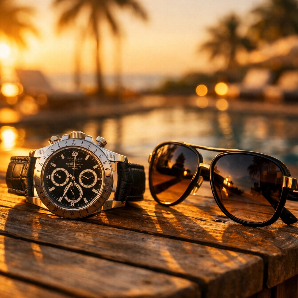 Lifestyle product photography of a luxury watch and sunglasses during magic hour in South Beach.