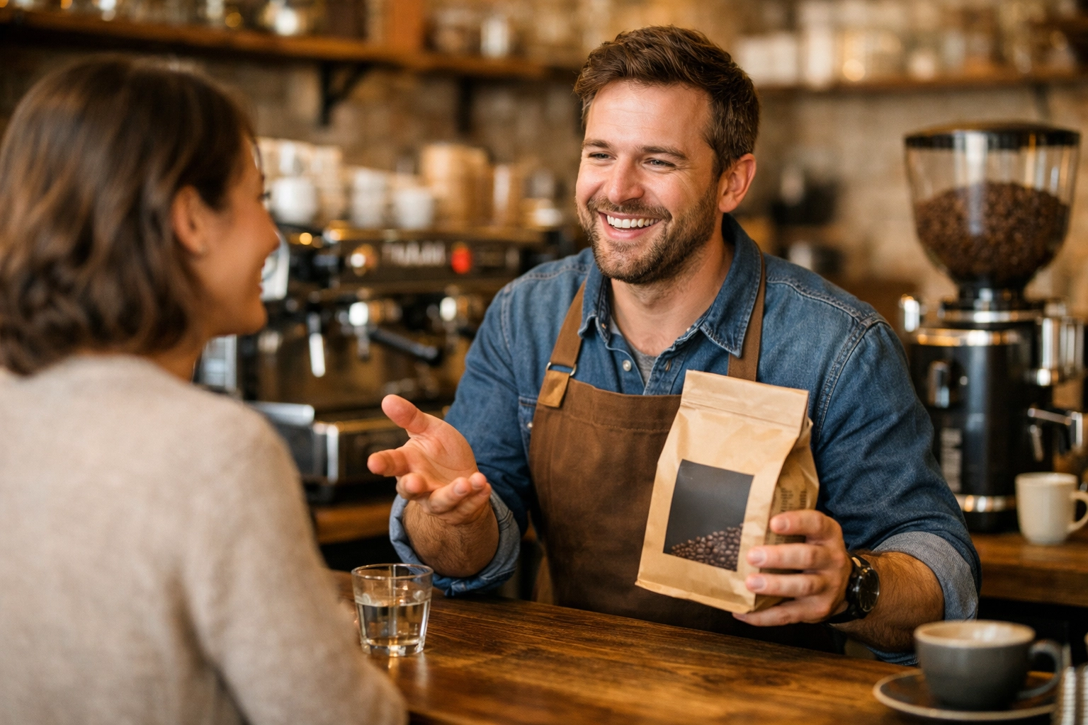 Barista explaining coffee freshness to customer while holding bag of fresh roasted beans