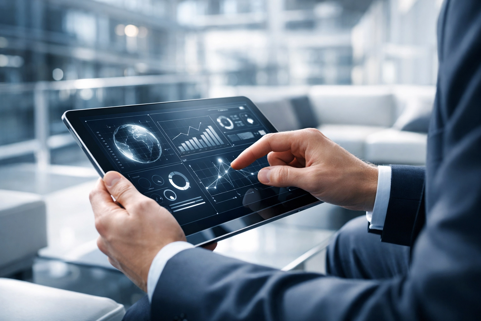 Executive using a tablet to access crisis management online courses and emergency training.