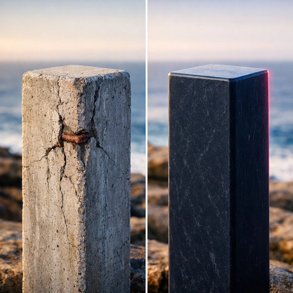 Comparison of a cracked concrete bollard and a durable recycled plastic bollard in a coastal environment.