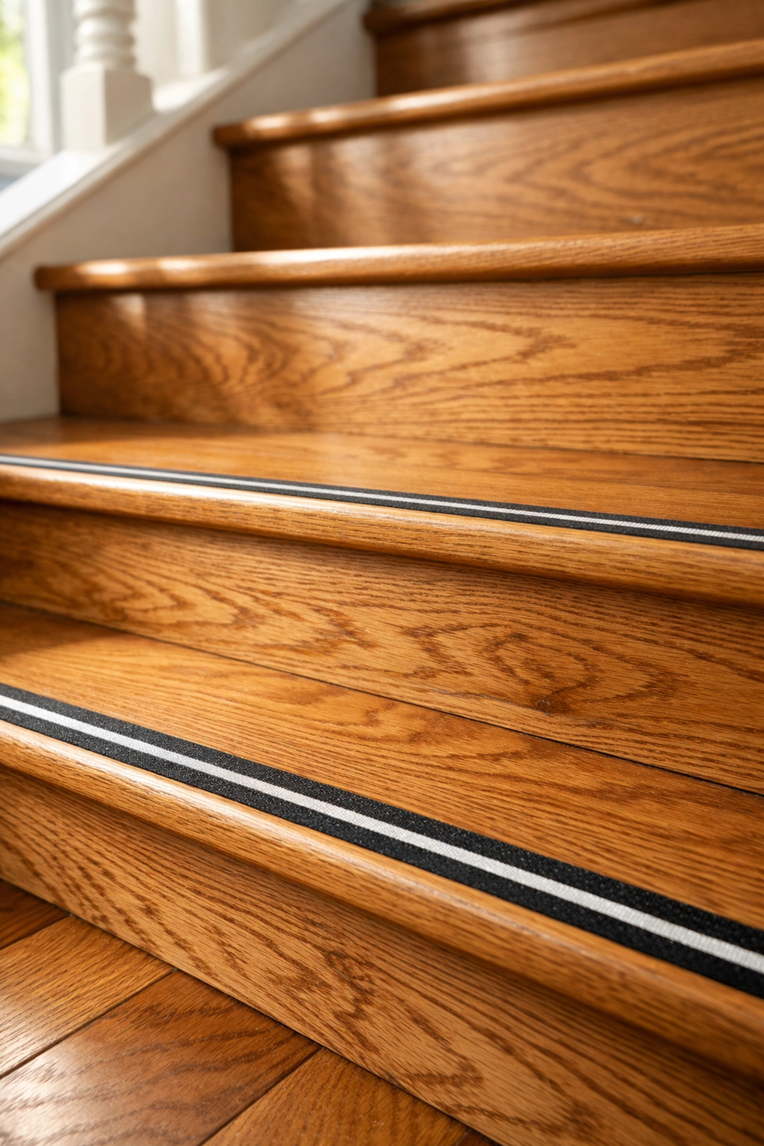 Oak wood stairs featuring high-contrast safety strips on the edges for improved depth perception.