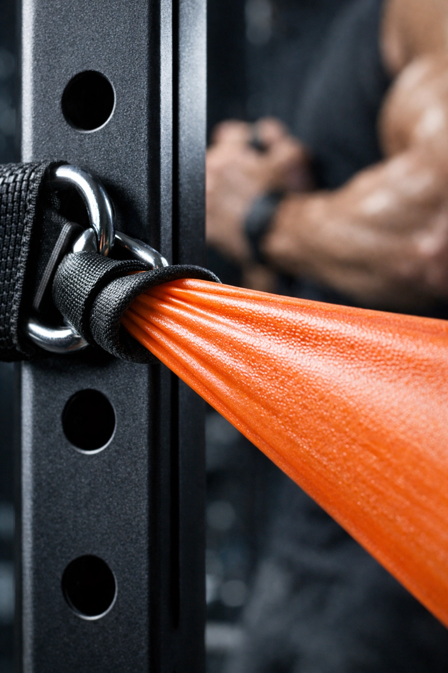 Close-up of high-tension resistance training bands attached to a versatile home gym rail system.