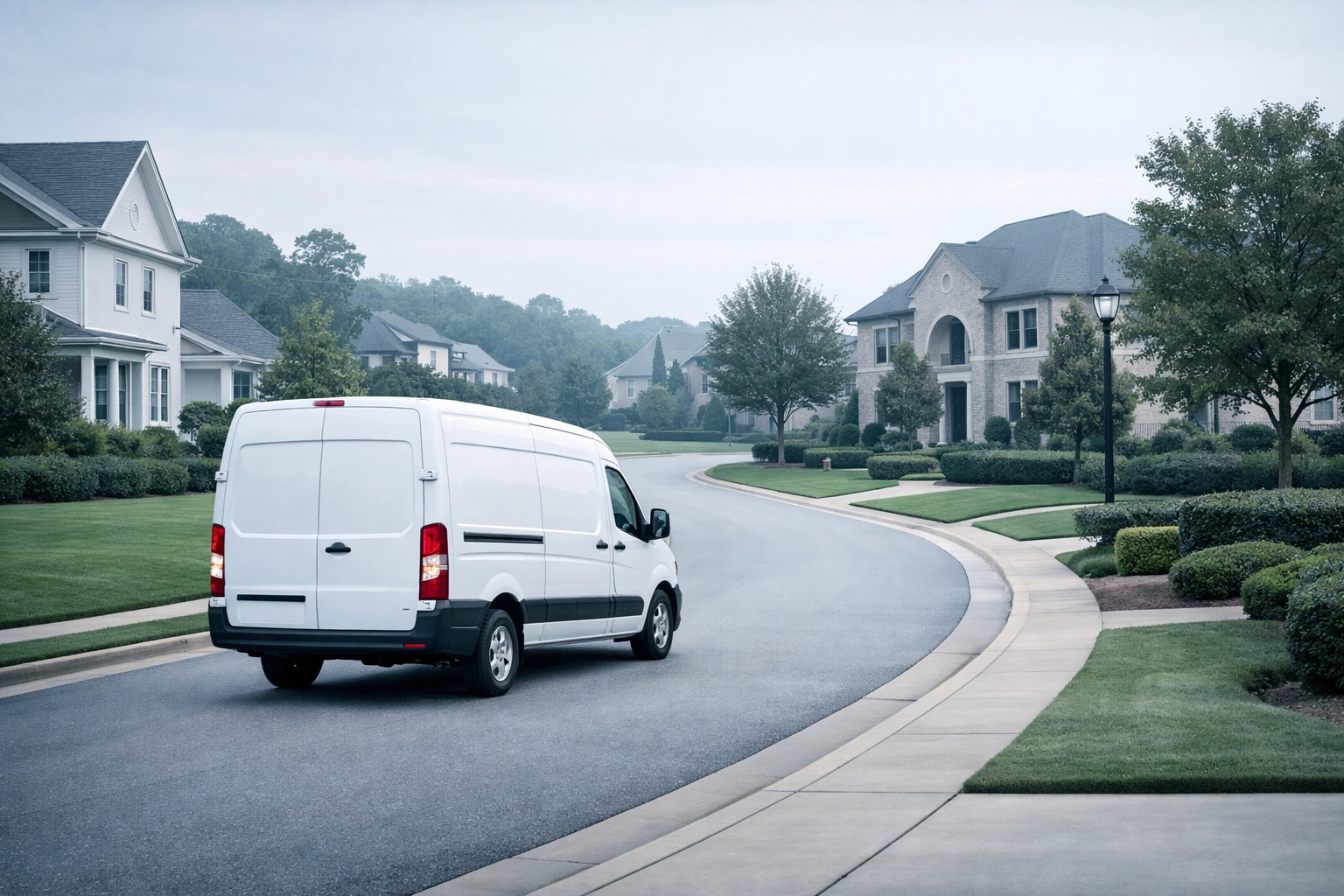 An HVAC service truck in an Alabama residential neighborhood representing local market share and growth.