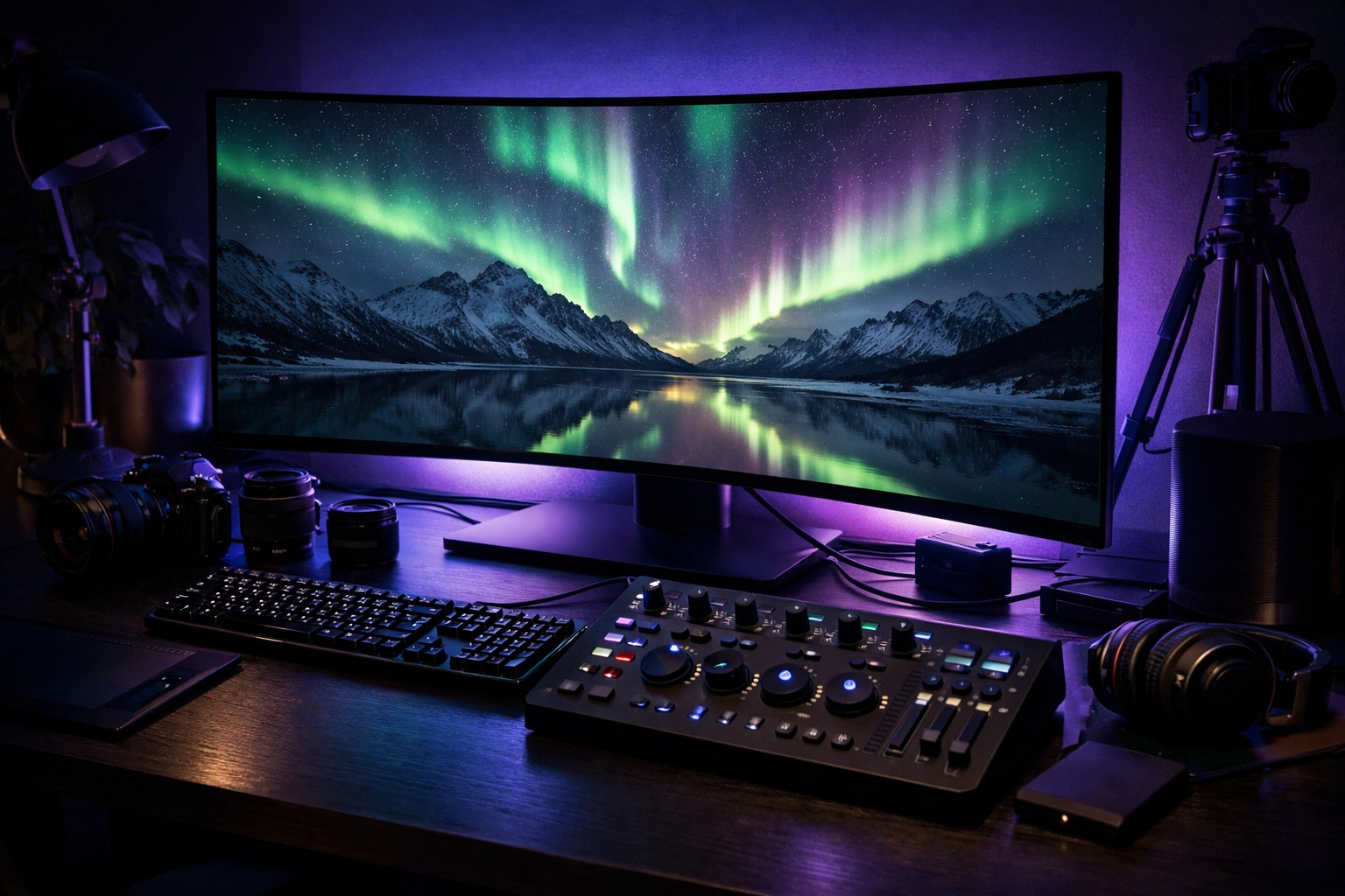 Professional workstation with photo software editing a landscape from the newest camera releases.