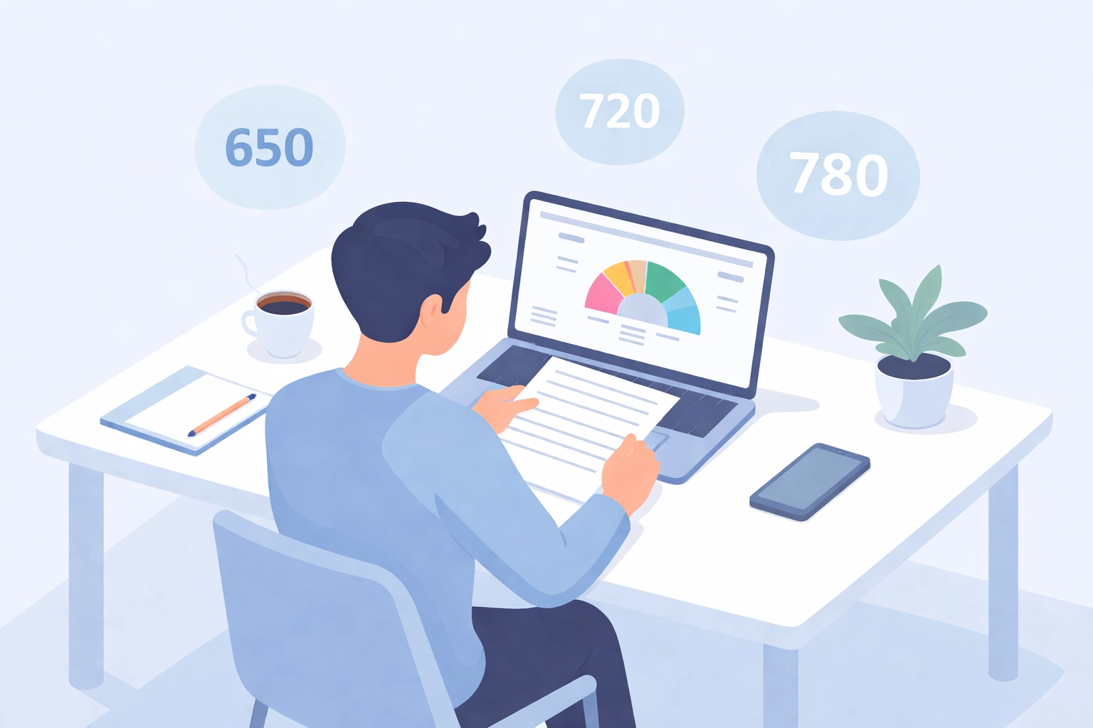 Persona revisando su reporte de crédito en laptop con diferentes puntajes de score