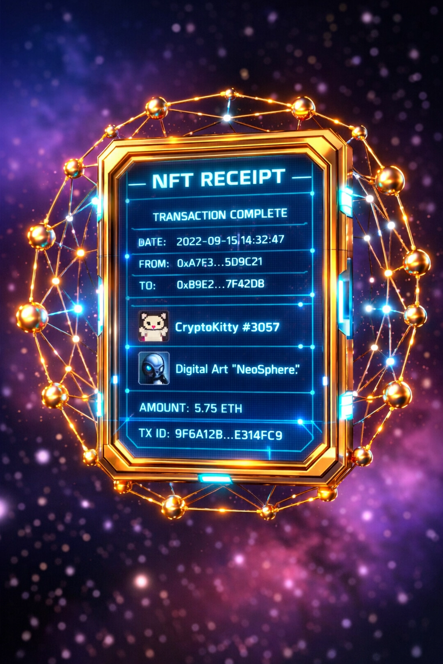 NFT receipt displaying blockchain transaction data for crypto payment verification and fraud prevention