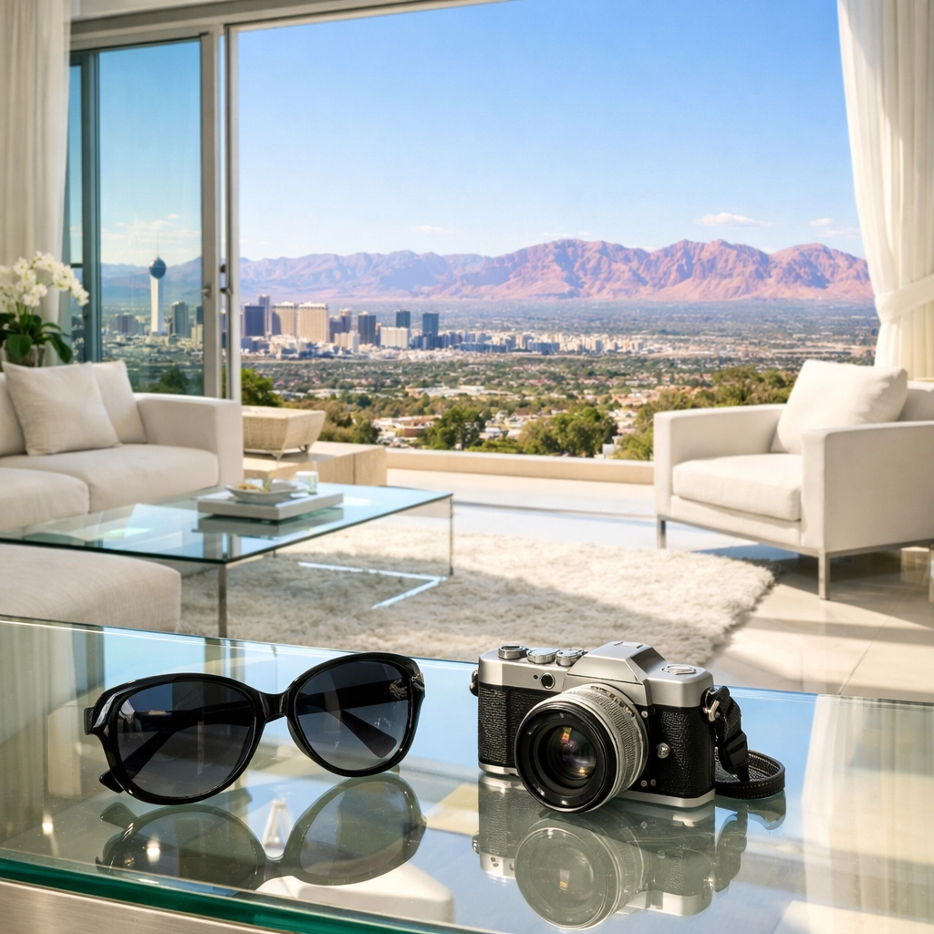 Sun-drenched Las Vegas penthouse suite with a panoramic mountain view and luxury furniture.