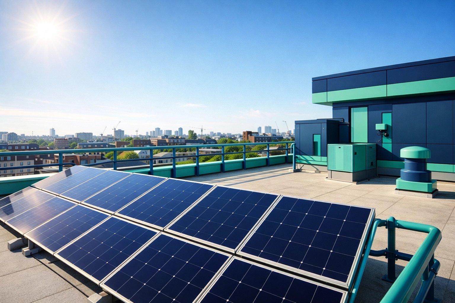 Article style visual of a UK commercial rooftop solar installation with navy and teal accents.
