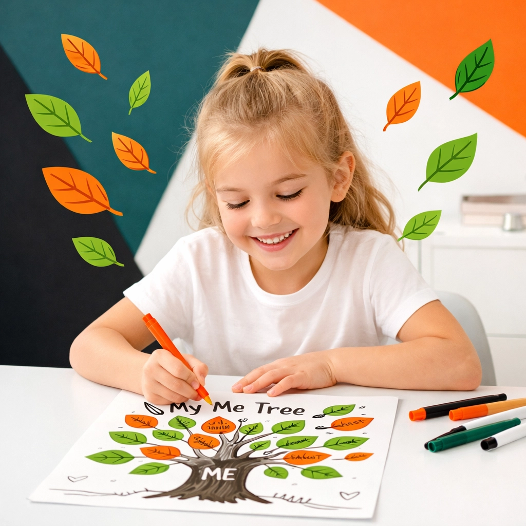 A young girl coloring a Me Tree activity poster to discover her strengths and character traits.
