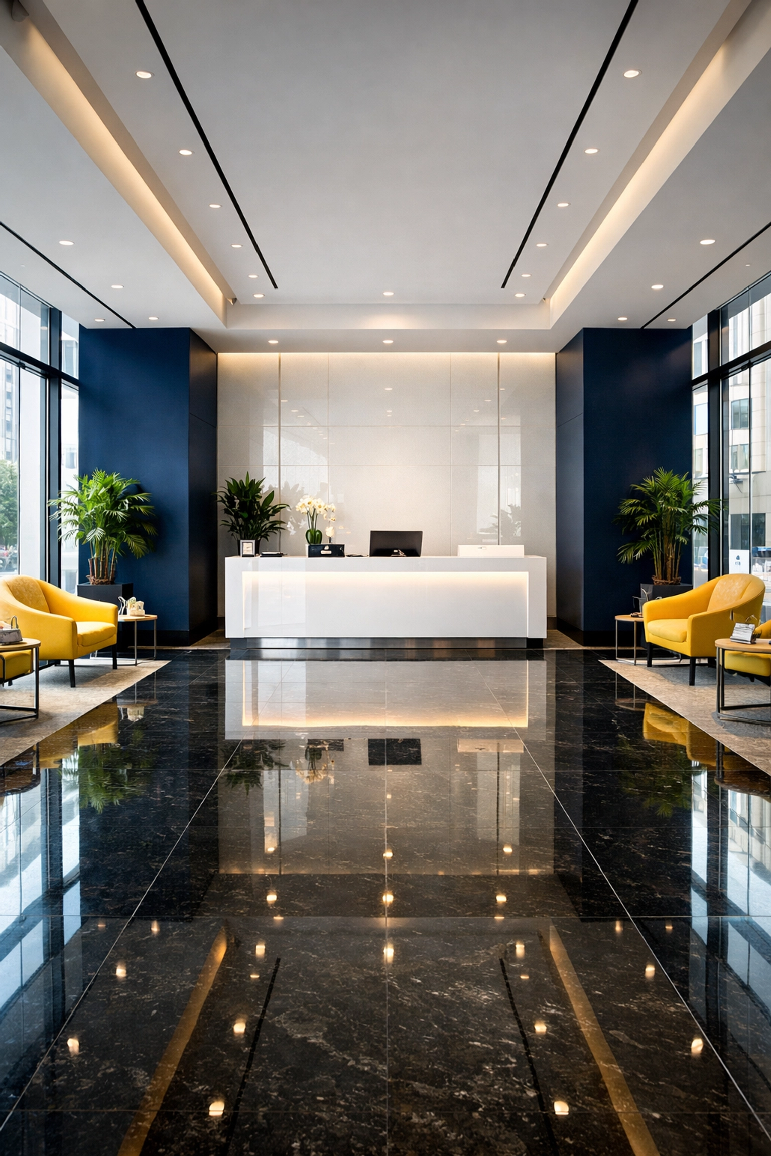 Polished lobby floors in a professional Holbrook office after expert commercial cleaning.