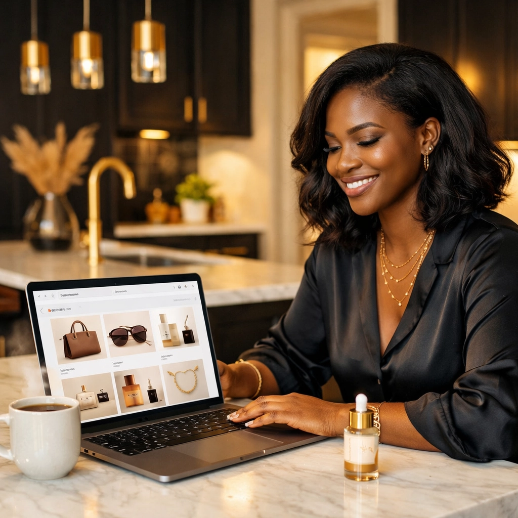 A Black woman browsing a marketplace for Black-owned skincare and coffee products at home.