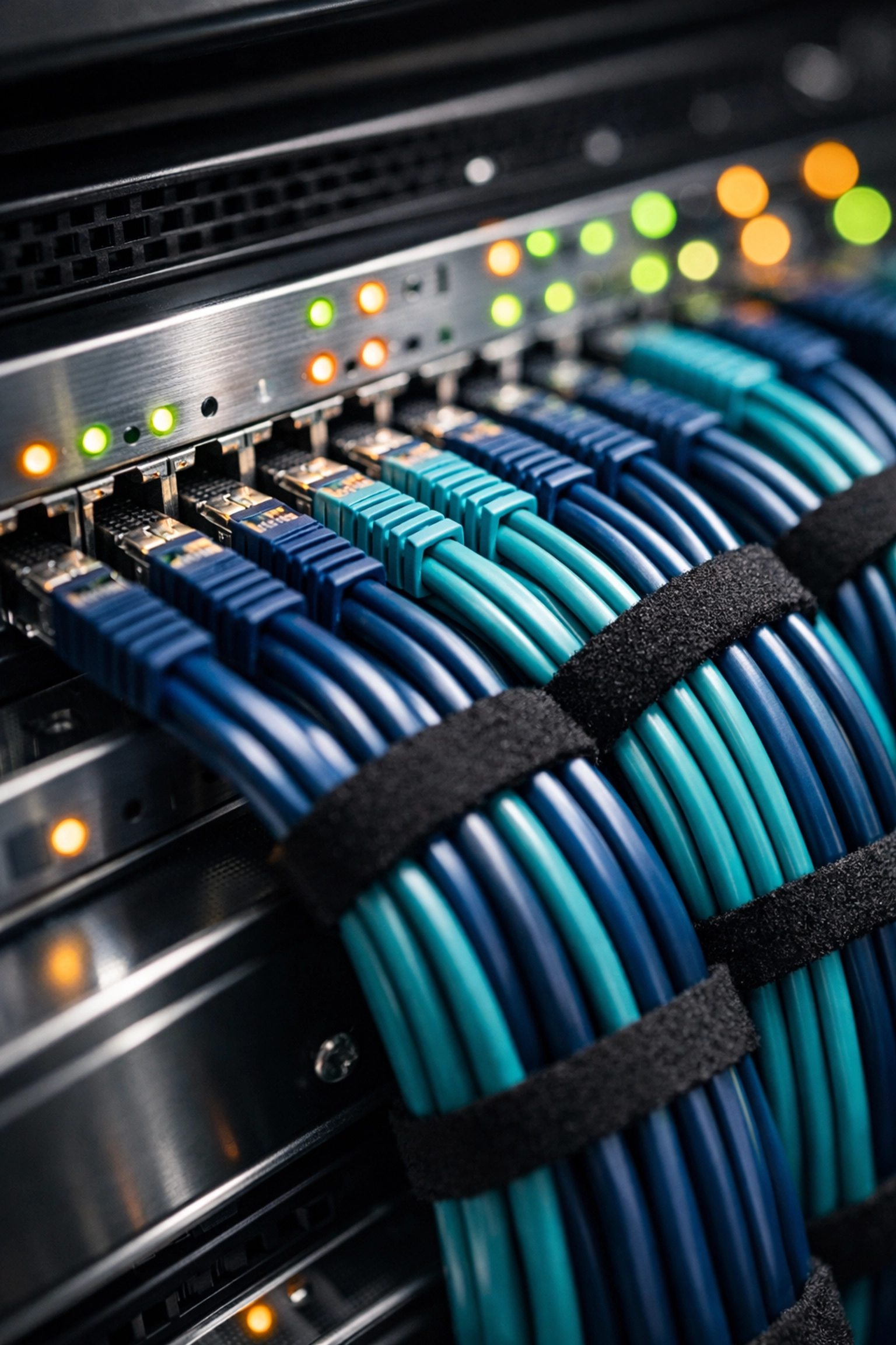 Organized structured cabling in a server rack providing a reliable foundation for professional networking and VoIP.