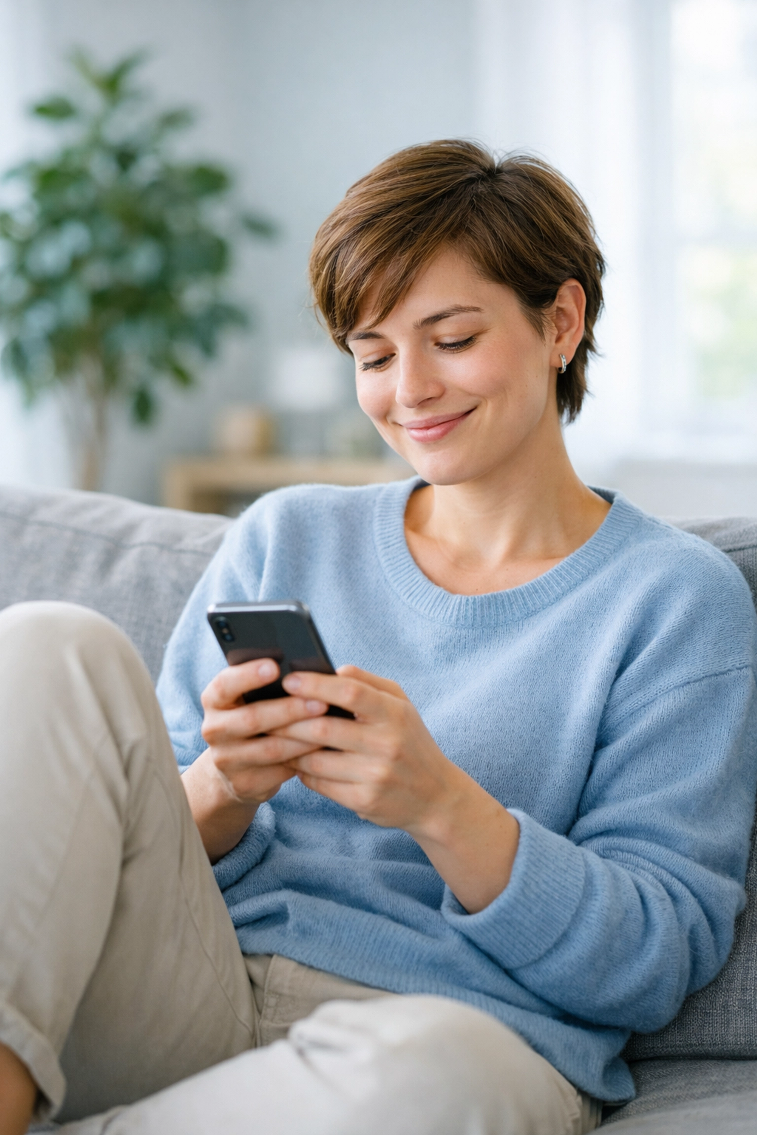 A person smiling with relief while checking an instant loan approval on their phone at home.